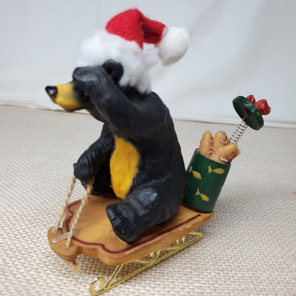 Vintage O'well Black Bear Sled Santa Hat Barrel Fish Christmas Figurine